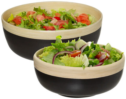 5five serveerschalen/saladeschalen - 2 stuks - zwart - bamboe - rond
