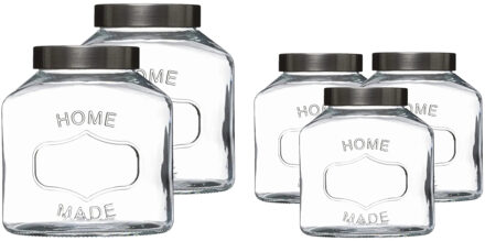 5five Set met 5x voorraadpotten 1L en 2,5L glas met RVS deksel