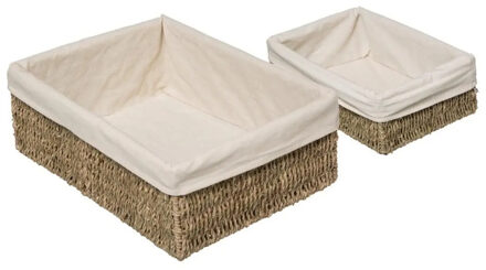 5five Set van 2x gevlochten opbergmanden - zeegras met katoenen hoes - Kast-/badkamer mandjes