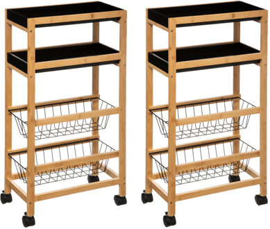 5five Set van 2x keukentrolley lichtbruin/zwart 4-laags D22 x B40 x H83 cm - bamboe/kunststof