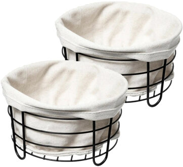 5five Set van 2x stuks 5Five - Broodmand Bistro - metaal/stof - zwart/creme wit - 22 x 11 cm - broodmand