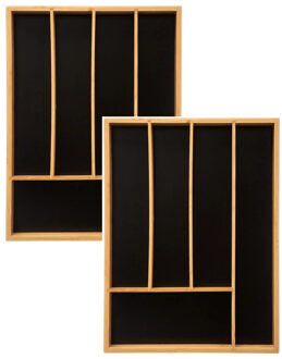 5five Set van 2x stuks bestekbakken/keuken organizers 5-vaks zwart bamboe 34 x 25 cm