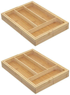 5five Set van 2x stuks bestekbakken/keuken organizers uitschuifbaar 4 tot 6-vaks bamboe 35 x 25 cm - Bestekbakken Bruin