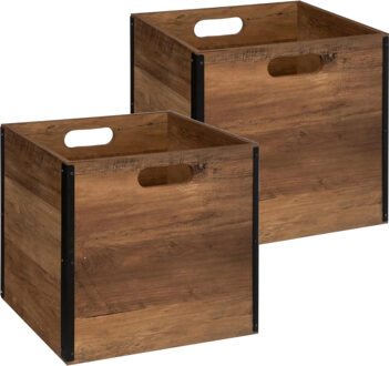 5five Set van 2x stuks opbergmand/kastmand 29 liter donker bruin van hout 31 x 31 x 31 cm - Opbergmanden