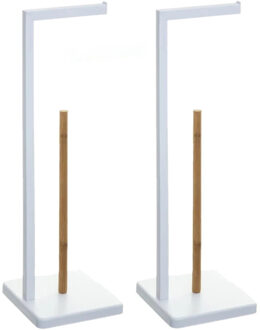 5five Set van 2x stuks staande wc/toiletrolhouders met reservoir wit 64,5 cm van metaal/bamboe