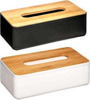 5five Set van 2x stuks tissuedozen/tissueboxen kunststof met bamboe deksel wit en zwart