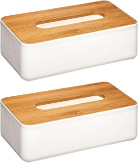 5five Set van 2x stuks tissuedozen/tissueboxen wit kunststof met bamboe deksel 26 x 13 cm