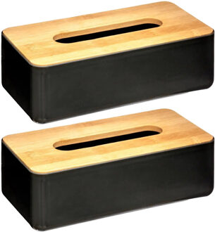 5five Set van 2x stuks tissuedozen/tissueboxen zwart kunststof met bamboe deksel 26 x 13 cm