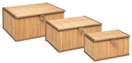 5five Set van 3x bamboe opbergdozen - met deksel - rechthoek - bruin - Kast-/badkamer mandjes