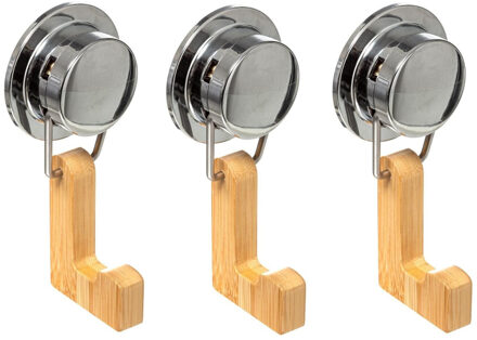 5five Set van 3x stuks badkamer handdoekhaakje/ophanghaakje bamboe hout met zuignap - Handdoekhaakjes Multikleur