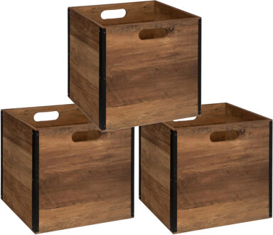 5five Set van 3x stuks opbergmand/kastmand 29 liter donker bruin van hout 31 x 31 x 31 cm