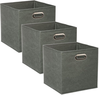 5five Set van 3x stuks opbergmand/kastmand 29 liter grijsgroen linnen 31 x 31 x 31 cm