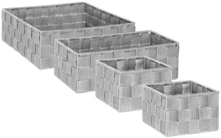 5five Set van 4x gevlochten opbergmanden - grijs - Kast/badkamer mandjes verschillende formaten