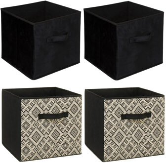 5five Set van 4x stuks opbergmanden/kastmanden 29 liter zwart/creme polyester 31 x 31 x 31 cm