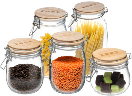 5five Set van 5x keuken voorraadbussen/potten glas 0.50/0.75/1.0/1.5/2.0 Liter inhoud