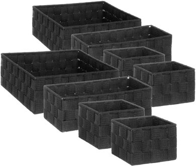 5five Set van 8x gevlochten opbergmanden vierkant zwart