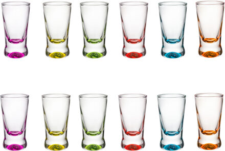 5five Shotglaasjes - borrelglazen - set van 12x stuks - glas - gekleurde onderkant - 25 ml - shotjes