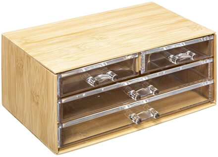 5five Sieraden/make-up organizer - 4 lades - 24 x 11 cm - rechthoek - bamboe/kunststof - opbergen