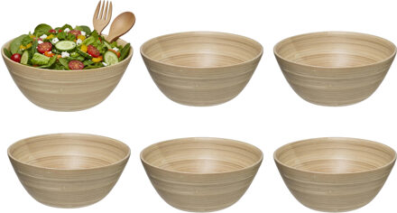 5five Sla en serveer kommetjes - 6x - schaaltjes - bamboe hout - D17 x H7 cm - ontbijt - keuken