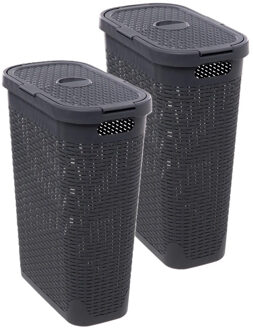 5five Smalle Wasmand met deksel Rotan - 2x - donkergrijs - gevlochten kunststof - 40 liter - 26 x 46 x 60