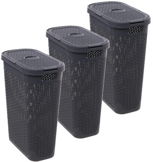 5five Smalle Wasmand met deksel Rotan - 3x - donkergrijs - gevlochten kunststof - 40 liter - 26 x 46 x 60