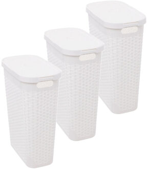 5five Smalle Wasmand met deksel Rotan - 3x - wit - gevlochten kunststof - 40 liter - 26 x 46 x 60 cm