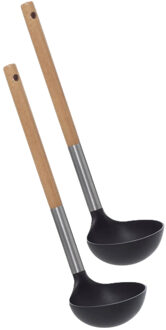 5five Soep/Saus opscheplepel - 2x - zwart/lichtbruin - hout/kunststof - 32 cm
