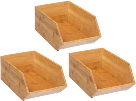 5five Stapelbare opbergmand 1 vaks - 3x - L18 x B31 x H12 cm - bamboe hout - lichtbruin - organizer