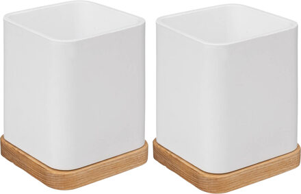 5five Tandenborstelhouder/organizer - 2x stuks - wit - 10 x 8 cm - bamboe - tandenborstel houder/beker