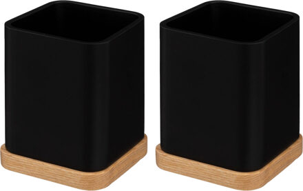 5five Tandenborstelhouder/organizer - 2x stuks - zwart - 10 x 8 cm - bamboe - tandenborstel houder/beker