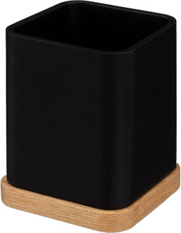 5five Tandenborstelhouder/organizer - zwart - 10 x 8 cm - bamboe - vierkant - tandenborstel houder/beker