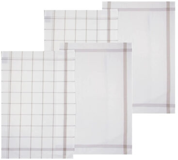 5five Theedoek Traditioneel - set van 4x stuks - grijs/wit- motief - katoen - 70 x 45 cm