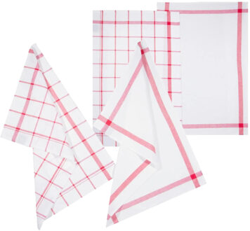 5five Theedoek Traditioneel - set van 4x stuks - rood/wit- motief - katoen - 70 x 45 cm
