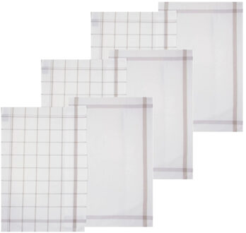 5five Theedoek Traditioneel - set van 6x stuks - grijs/wit- motief - katoen - 70 x 45 cm
