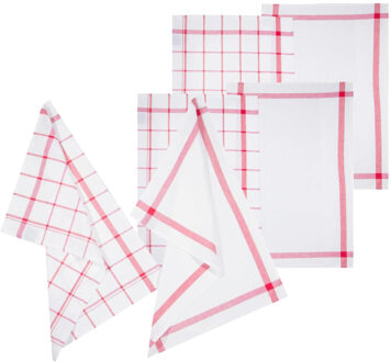 5five Theedoek Traditioneel - set van 6x stuks - rood/wit- motief - katoen - 70 x 45 cm