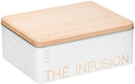 5five Theedoos - 100 theezakjes - wit - metaal - 20,5 x 16 x 8,5 cm - theeblik