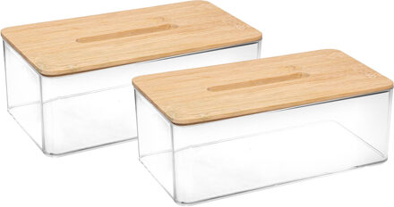 5five Tissuebox/tissuedoos - 2x stuks - transparant/lichtbruin - 25 x 9 x 13 cm - bamboe/kunststof