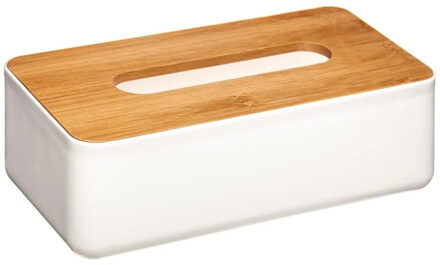5five Tissuedoos - tissue box - wit - kunststof met bamboe deksel - 26 x 13 cm - zakdoekjes