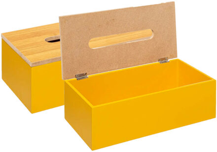 5five Tissuedoos/zakdoekjes box - 2x - geel - MDF hout - bamboe deksel - 25 x 13 x 9 cm