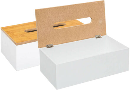 5five Tissuedoos/zakdoekjes box - 2x - wit - MDF hout - bamboe deksel - 25 x 13 x 9 cm