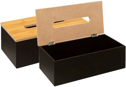 5five Tissuedoos/zakdoekjes box - 2x - zwart - MDF hout - bamboe deksel - 25 x 13 x 9 cm