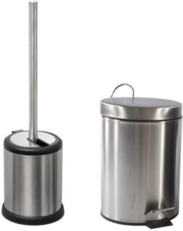 5five Toiletborstel houder rvs zilver 39 cm en pedaalemmer 3 liter combi