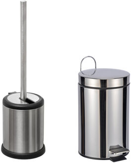5five Toiletborstel houder rvs zilver 39 cm en pedaalemmer 3 liter combi