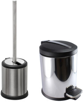 5five Toiletborstel houder rvs zilver 39 cm en pedaalemmer 5 liter combi