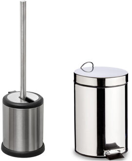 5five Toiletborstel houder rvs zilver 39 cm en pedaalemmer 5 liter combi