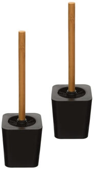 5five Toiletborstel met houder - 2x stuks - zwart - kunststof en bamboe - 38 cm - wc borstel