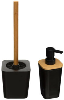 5five Toiletborstel met houder - 38 cm - en zeeppompje van 300 ml - zwart / hout kleur