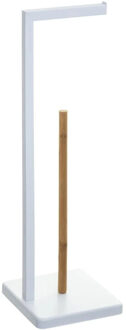 5five Toiletrolhouder - met reservoir - wit - metaal - bamboe - 64 cm