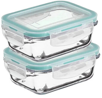 5five Vershoudbakje met deksel - 2x - glas - luchtdicht - met clips - 14 x 10 x 5 cm - 330 ml