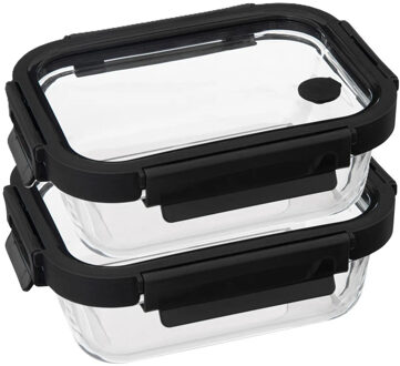 5five Vershoudbakje met deksel - 2x - glas - luchtdicht - met clips - 19 x 14 x 7 cm - 500 ml